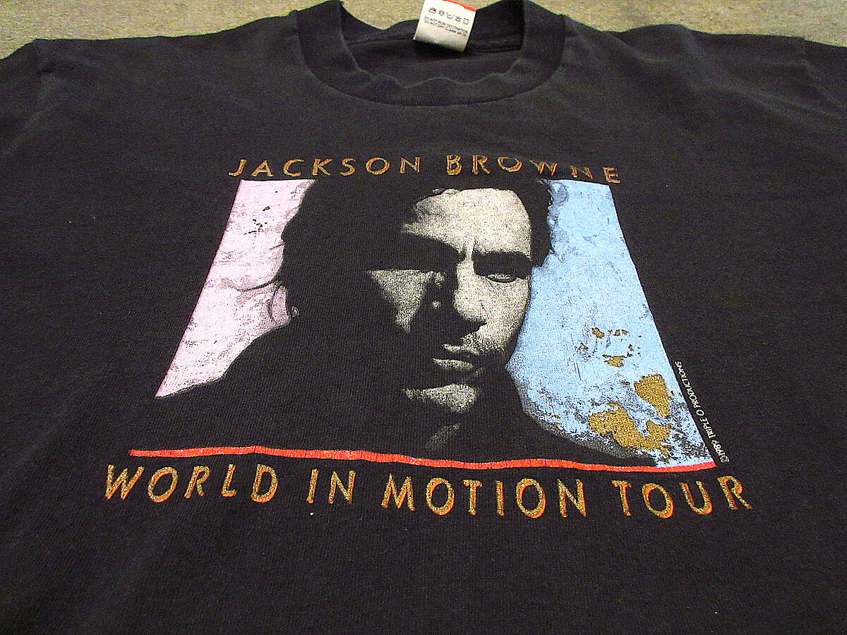 ビンテージ80’s●JACKSON BROWNE WORLD IN MOTIONツアーTシャツ黒size L●220607s7-m-tsh-bn  1980sジャクソン・ブラウン