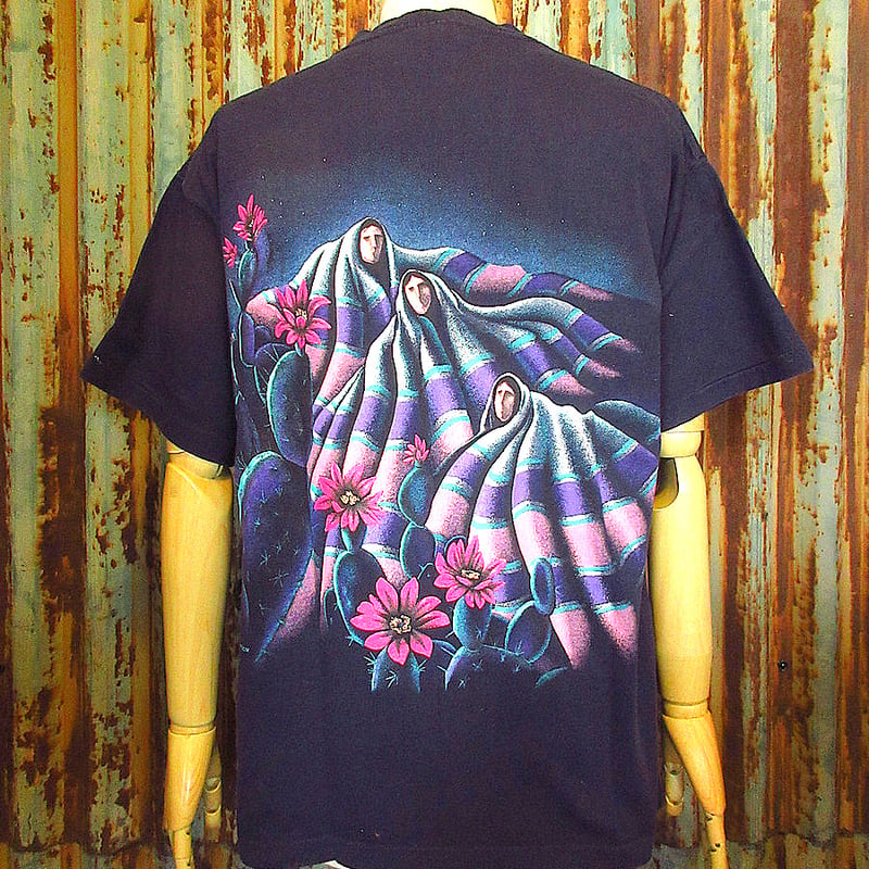 ビンテージ90's○HABITAT XCIVアート両面プリントTシャツ紺size L○2408