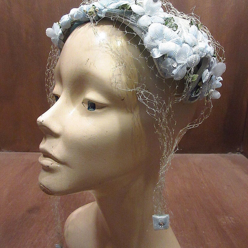 vintage ヘッドドレス ビンテージ40's50's○レディースヴェール付きフラワーヘッドドレス水色