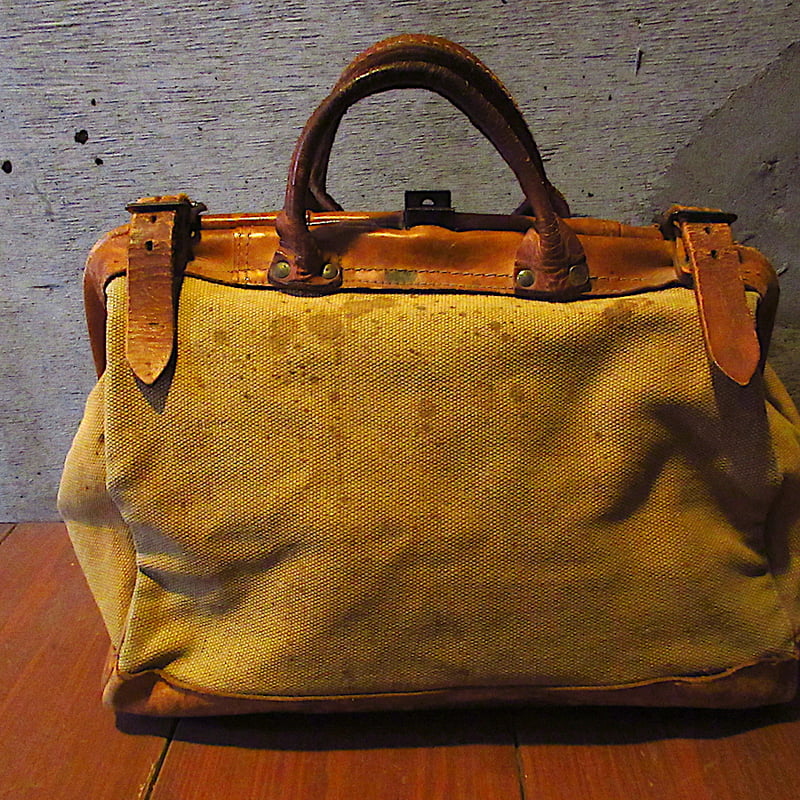 ビンテージ-60's○レザーハンドルキャンバスボストンバッグ茶×カーキ