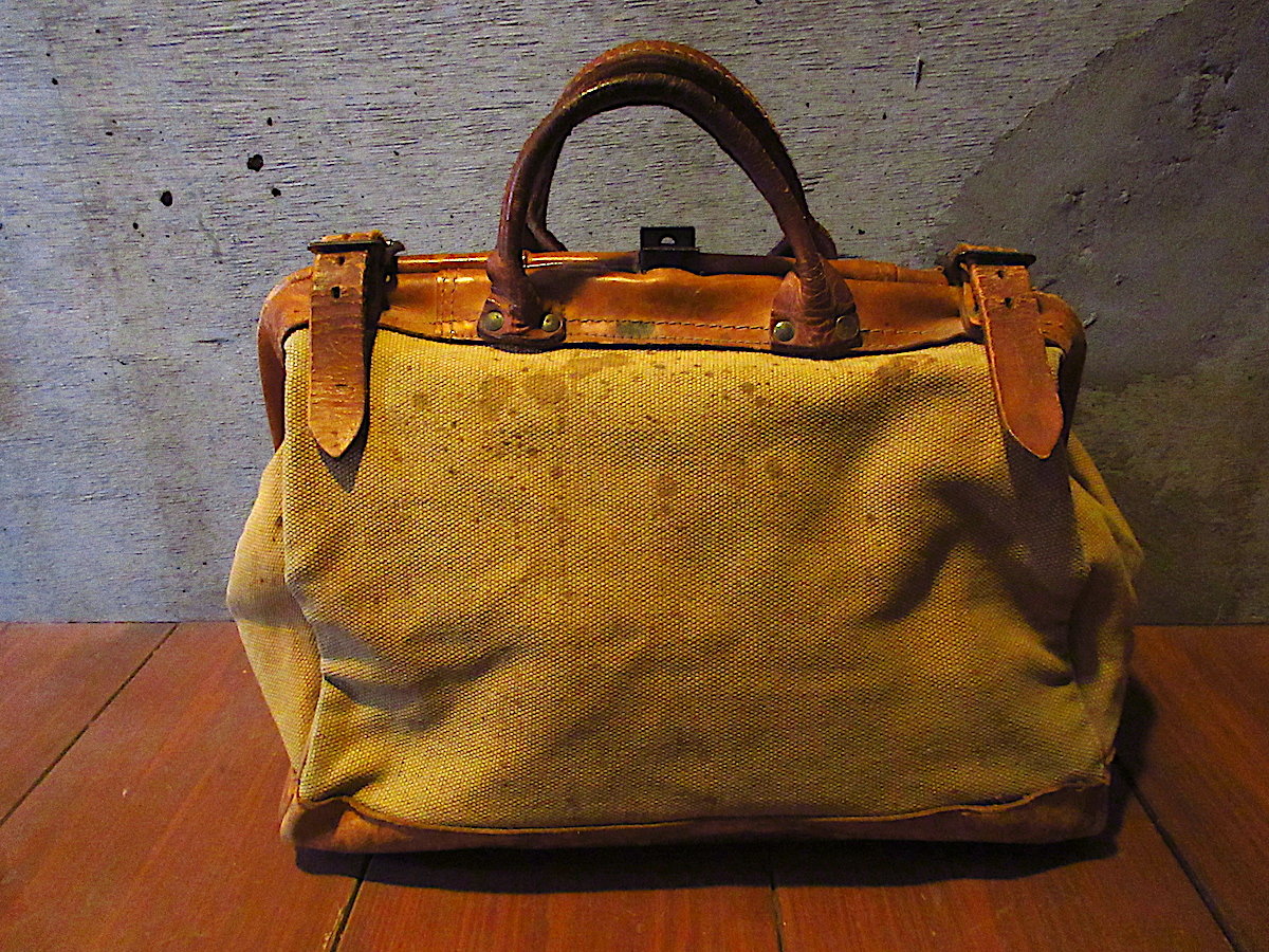 ビンテージ-60's○レザーハンドルキャンバスボストンバッグ茶×カーキ
