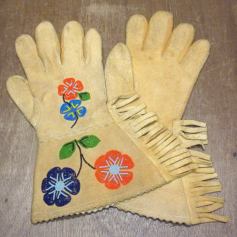 ビンテージ~30's○ネイティブアメリカン花ビーズ刺繍コットン
