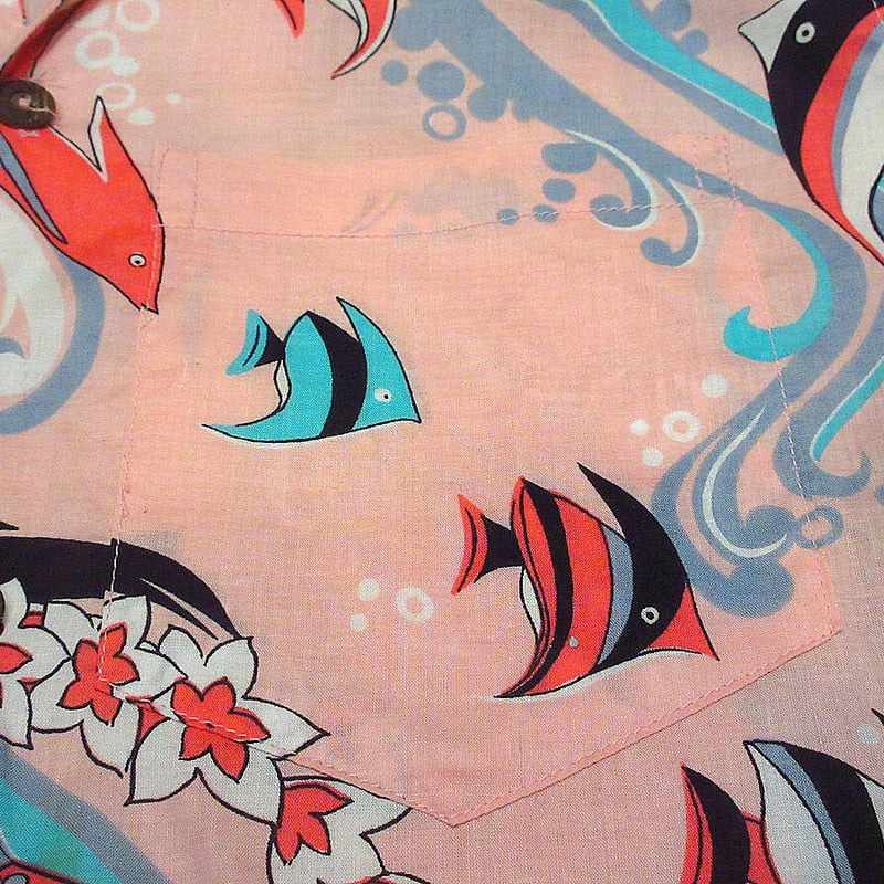 ビンテージ80's○Pataloha魚柄ハワイアンシャツピンクXS