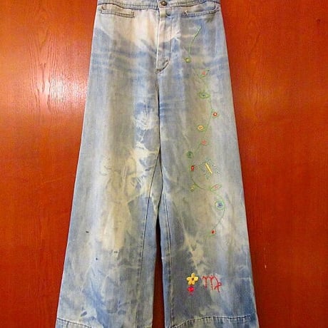 ビンテージ70's●バックルバック刺繍入りデニムバギーパンツ●201016s7-w-pnt-jns-wf ワイドフレアパンツジーンズヒッピー