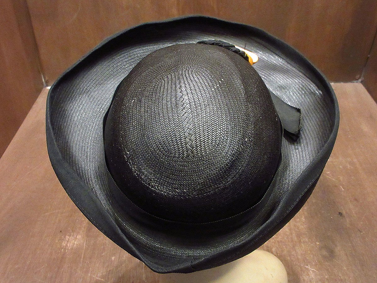 【未使用】イタリア製　ヴィンテージ　ストローハット　麦わら帽子　レディース　箱付 ビンテージ40's○レディースストローハット黒○240729i3-w-ht-str