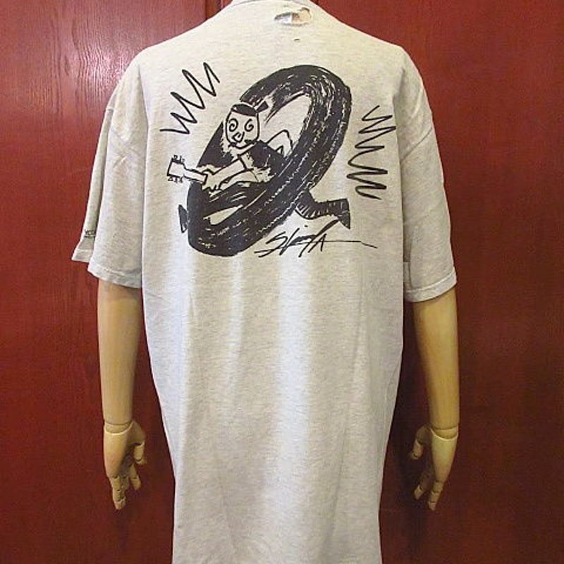 ビンテージ90's○横浜ゴム人物染み込みプリントTシャツ霜降りグレー