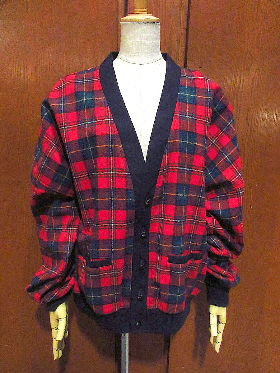 ビンテージ○PENDOLETONウール赤チェックカーディガンsize L