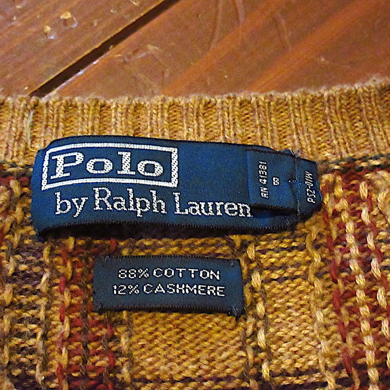ビンテージ　ラルフローレン　エルボパッチ　ニット　90s ビンテージ90's○Ralph Laurenエルボーパッチ付きチェック柄カシミヤ