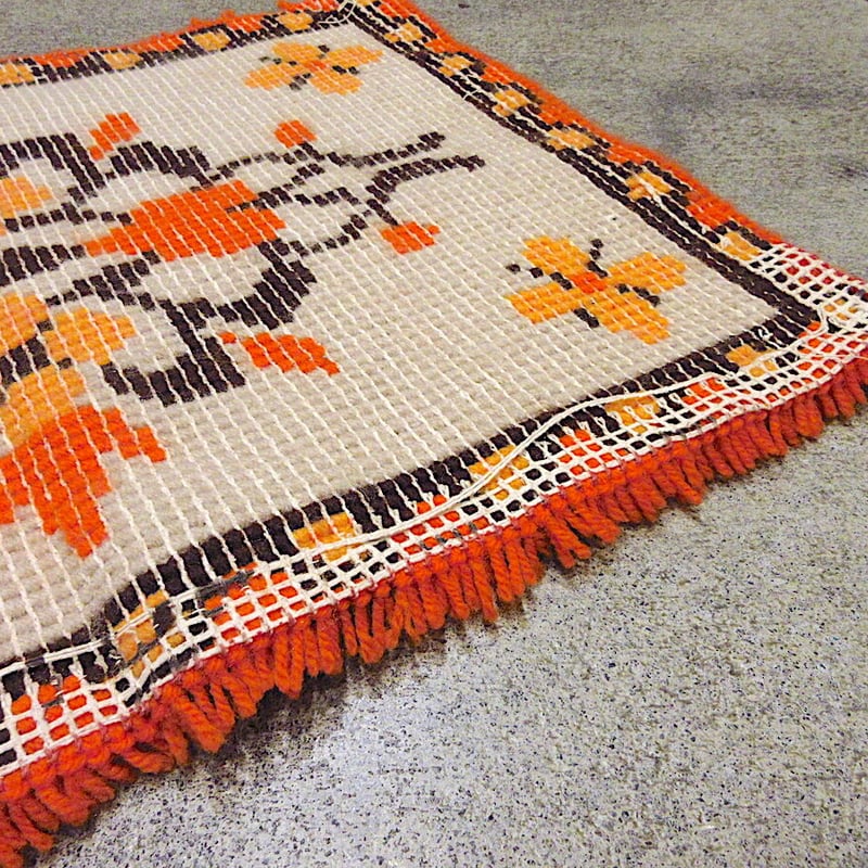 ビンテージ70's○レトロフラワーラグsize 47cm×65cm○211111r6