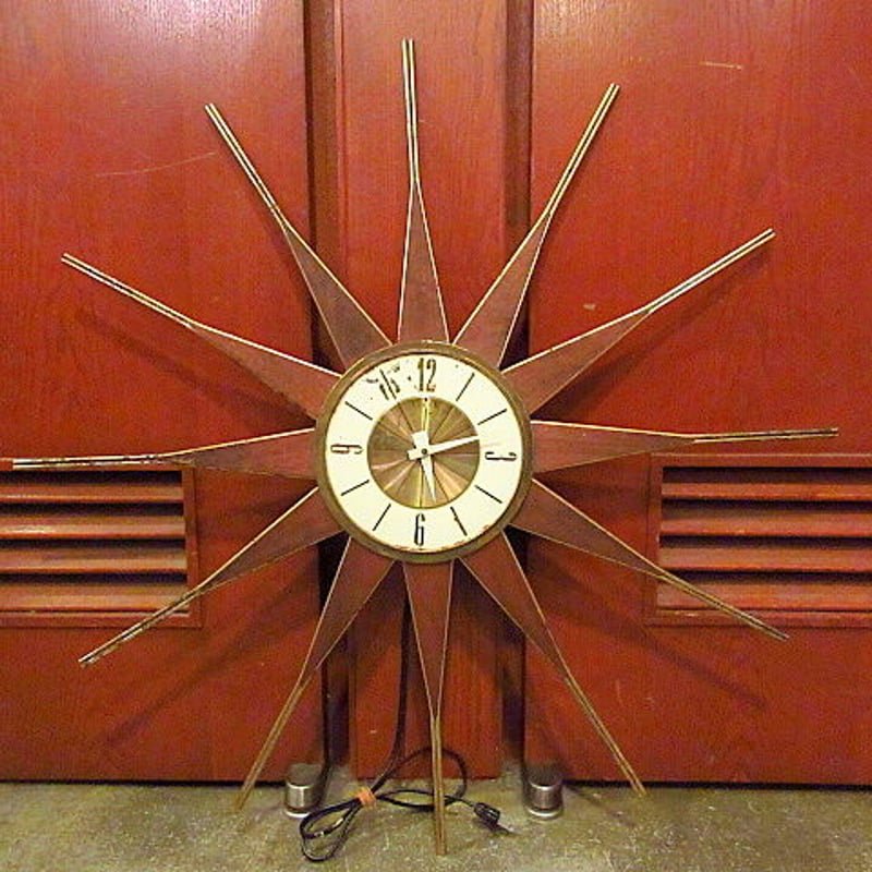 スターバースト壁掛け時計牛革レトロ50's ハンドメイド