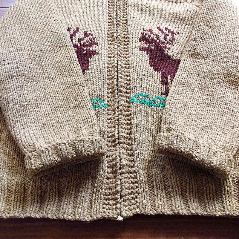 カウチンセーター ショールカラー ピンク トナカイ ジップアップ