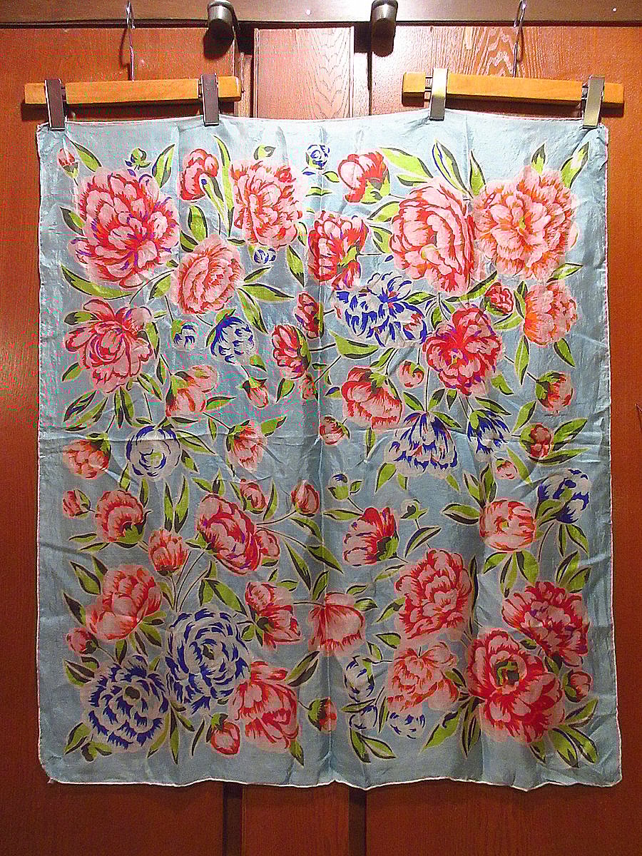 ビンテージ~70's○花プリントシルクスカーフ水色○240407i6-scf