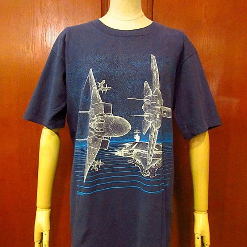 ビンテージ80's○F-14 TOMCAT 戦闘機プリントTシャツ紺 Size L○20070