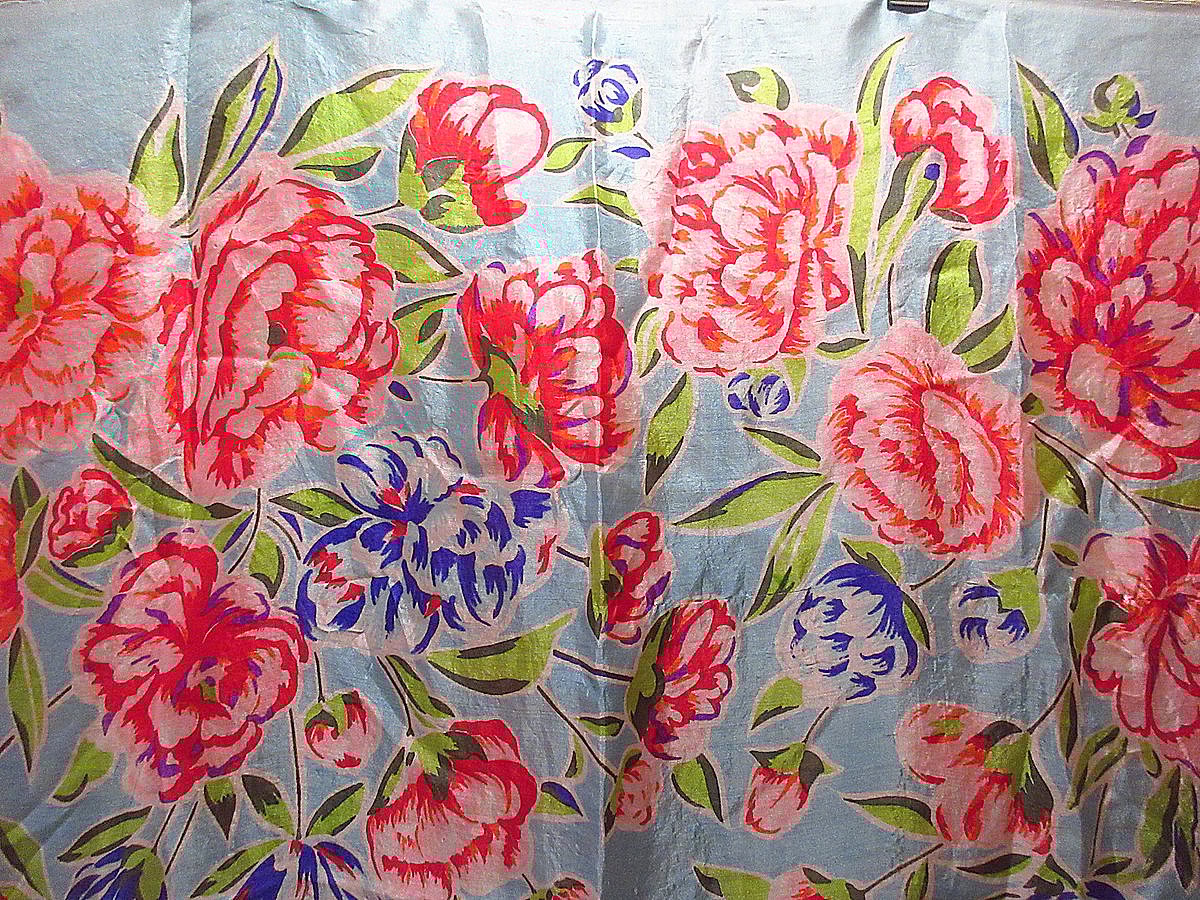 ビンテージ~70's○花プリントシルクスカーフ水色○240407i6-scf