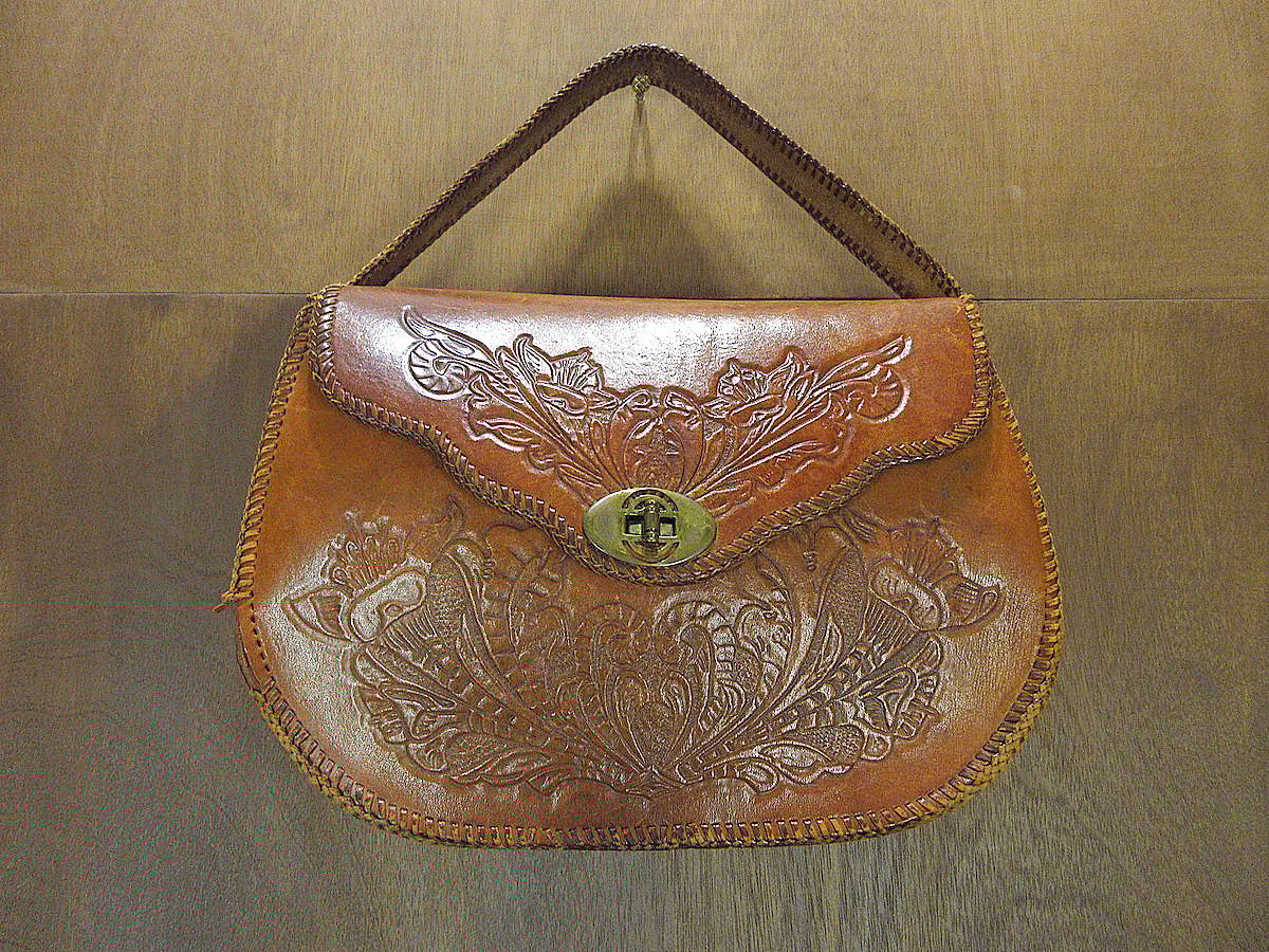 ビンテージ-60's○型押しレザーハンドバッグ茶○240220j6-bag ビンテージ-60's○型押しレザーハンドバッグ茶○240220j6-bag