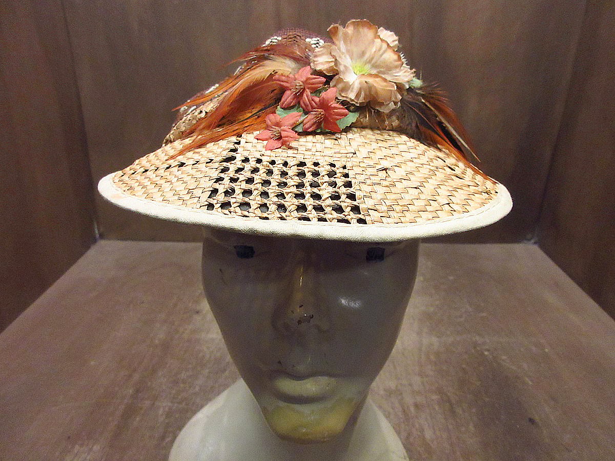 花飾り付き麦わら帽子 ビンテージ 花飾り付き麦わら帽子 ビンテージ