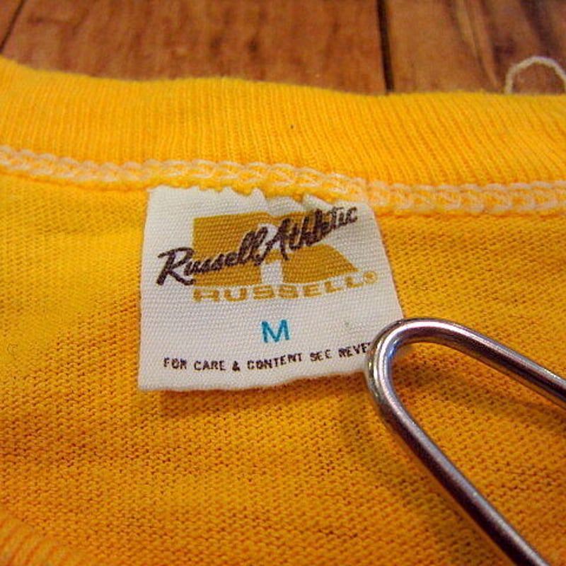 ビンテージ70's○RUSSELL 金タグ プリントTシャツ黄 Size M○odst 197
