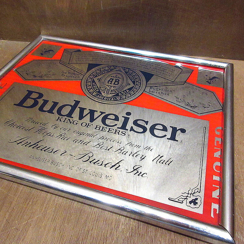 ビンテージ○Budweiserパブミラー○210429n3-signビールバーサイン
