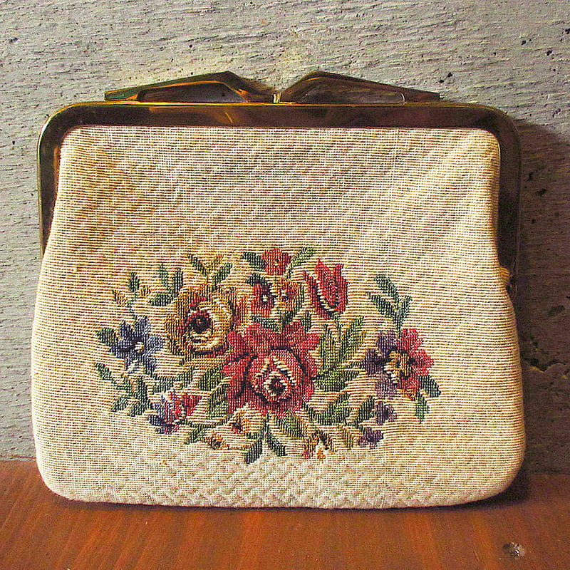 vintage 花柄 クロスステッチ刺繍×レザー クラッチバッグ