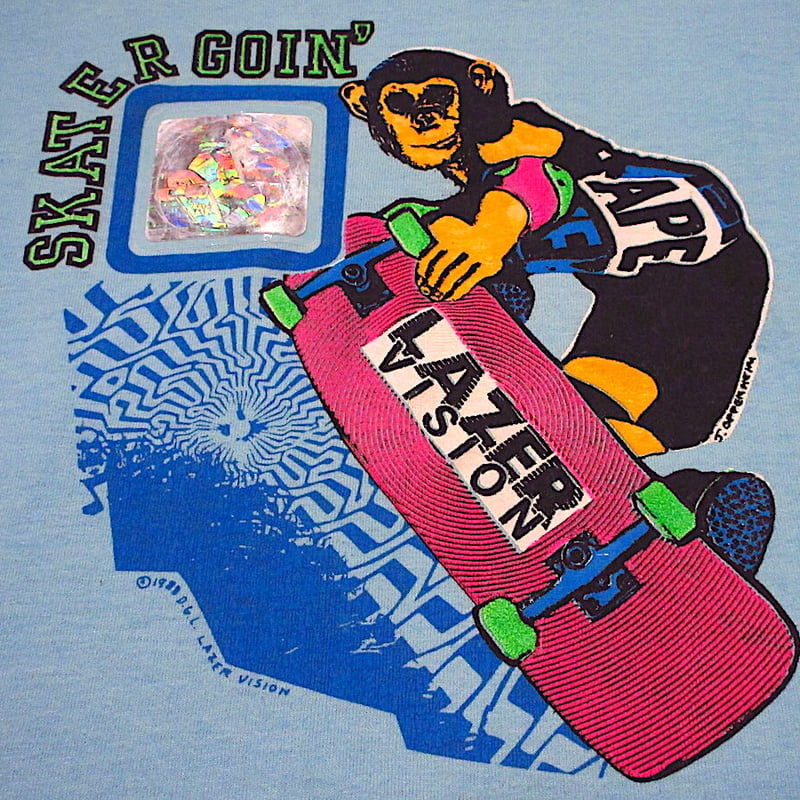 ビンテージ80's○LAZER VISIONキッズSKATER GOIN'プリントTシャツ水色