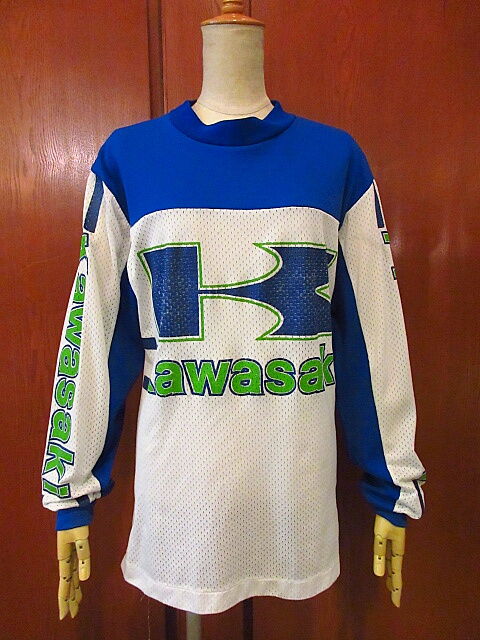 80s カワサキ（KAWASAKI）ヴィンテージ長袖Tシャツ モトクロス M ビンテージ70's○Kawasakiメッシュモトクロス長袖Tシャツ白×青