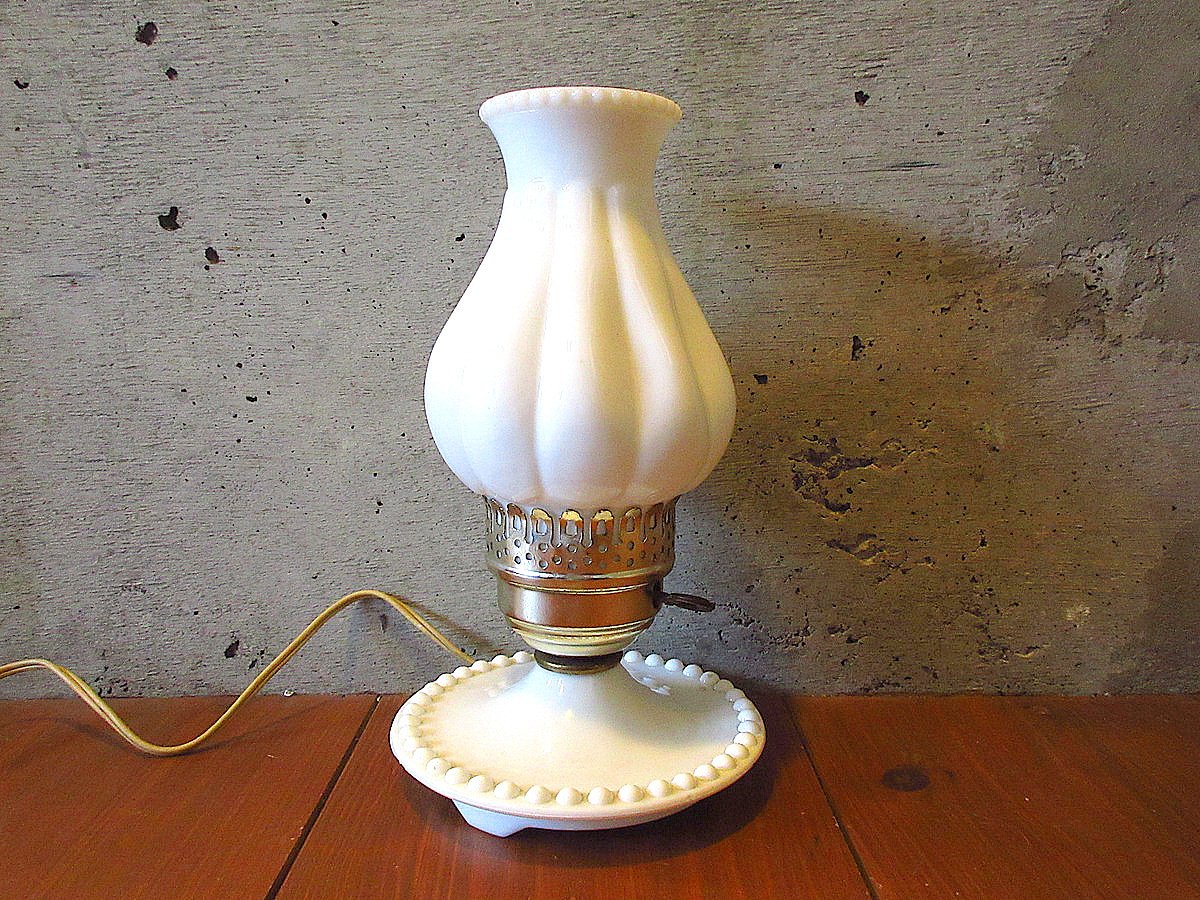 ミルクガラス ダイヤ柄 テーブルランプ ビンテージ レア ビンテージ-70's○ハンドペイント？フラワーミルクガラス