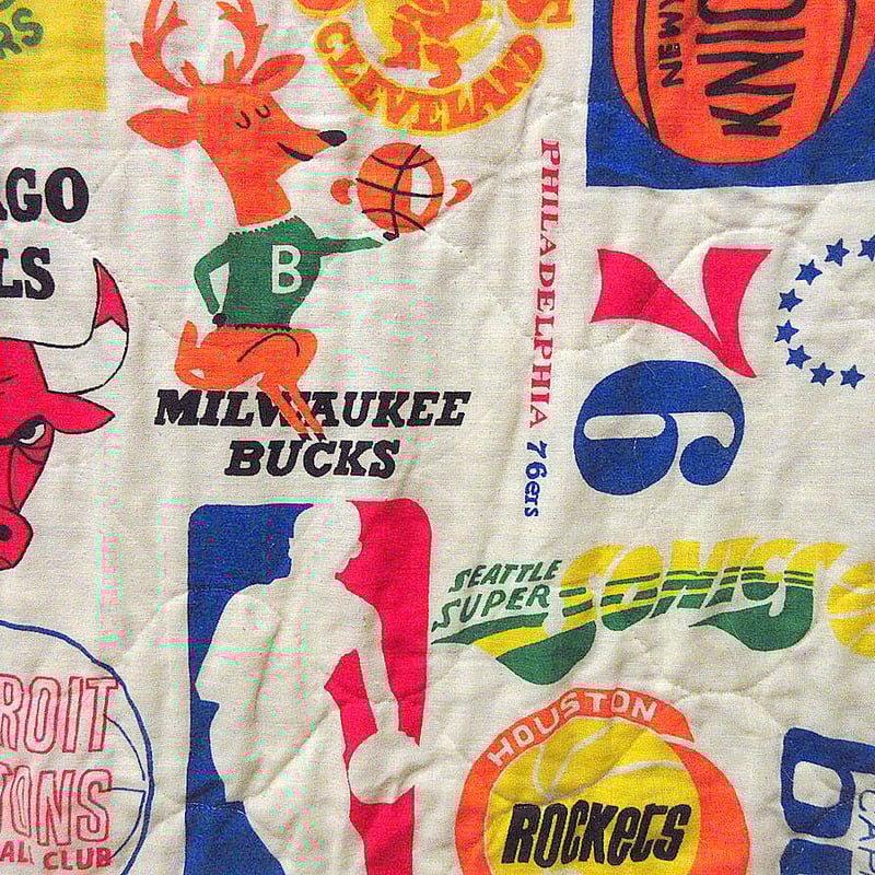 レア 70s-80s ピカソ 総柄シーツ シアーズローバック フラットシーツ ビンテージ70's○Sears NBAチームロゴ総柄キルティングベッド