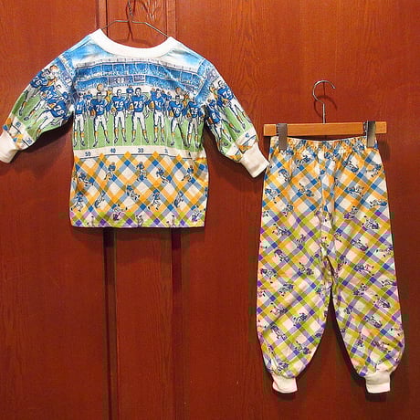 ビンテージ70's●DEADSTOCK Olinaキッズアメフト総柄プリントネルパジャマセットアップsize 5●210507f5-k-stupツーピース子供服