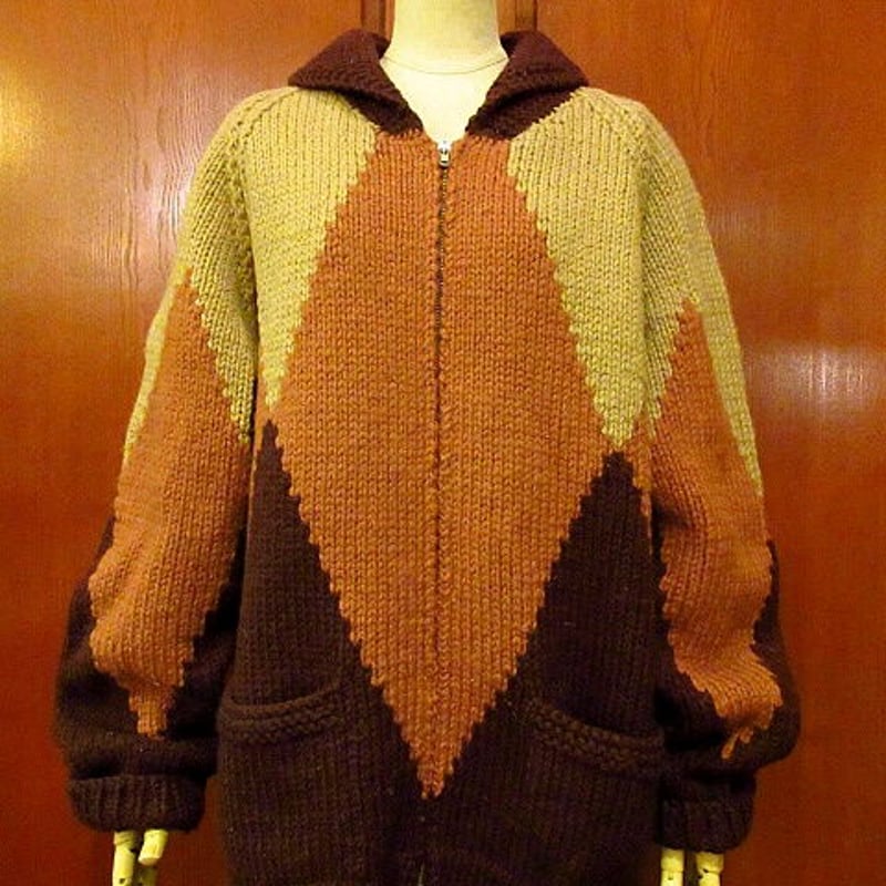 ビンテージ60's○ダイヤ柄ショールカラーカウチンセーター○201009s3-m