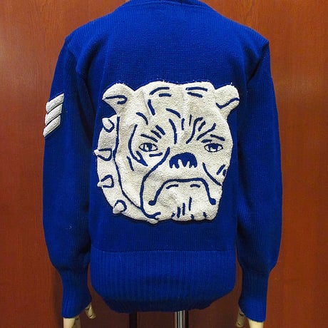 ビンテージ40's●WILLSONボートネックレターマンセーター青size 38●231109i2-m-swrウィルソンニットウールブルドッグカレッジレタード