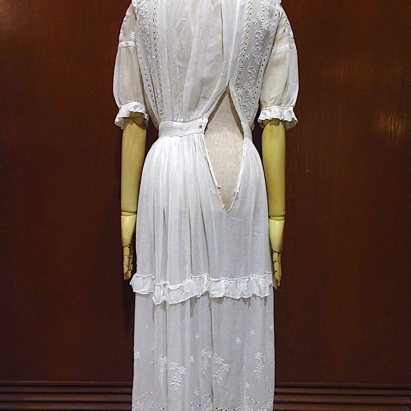 ビンテージ~20's○刺繍柄シースルーコットン半袖ワンピース白 ビンテージ~20's○刺繍柄シースルーコットン半袖ワンピース白