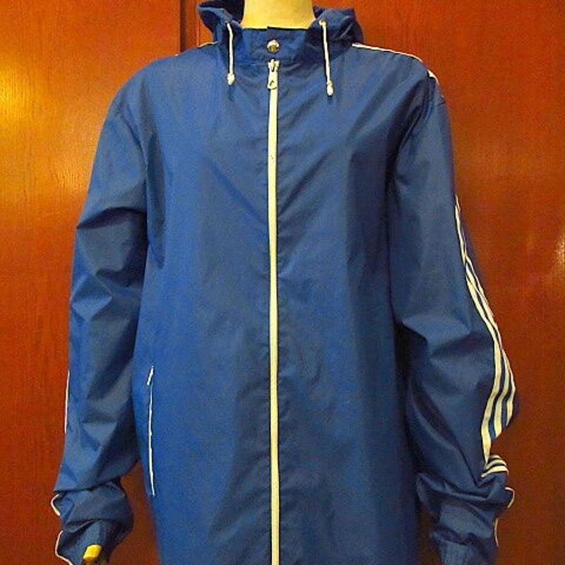 70's 80'sヴィンテージ　adidas ブルー　ジップアップジャケット ビンテージ70's80's○adidas 3本ラインジップアップナイロンジャケット