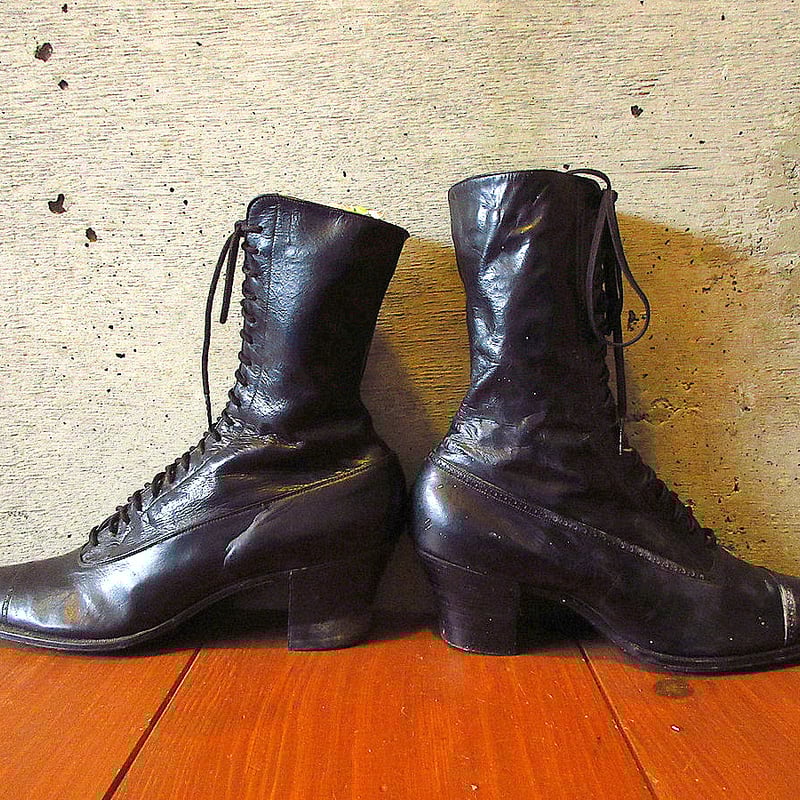 ビンテージ-20's○DEADSTOCKレディースレースアップブーツ左右違い黒