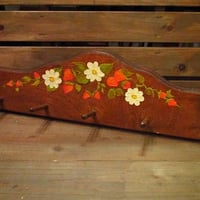 ビンテージ70's●フラワーペイント木製壁掛けラック●230529i13-rackマグホルダーウッド花レトロ