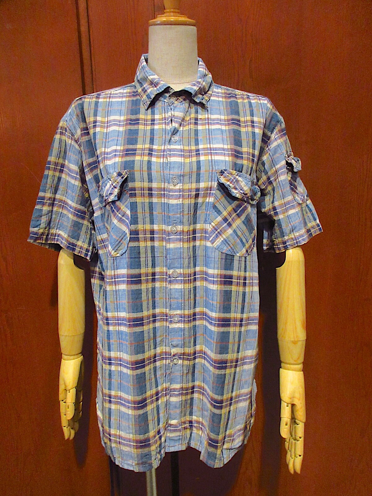 PERMANENT PRESS ビンテージシャツ 70s 半袖 チェック M ビンテージ70's80's○KENNINGTONインド綿チェック半袖シャツsize