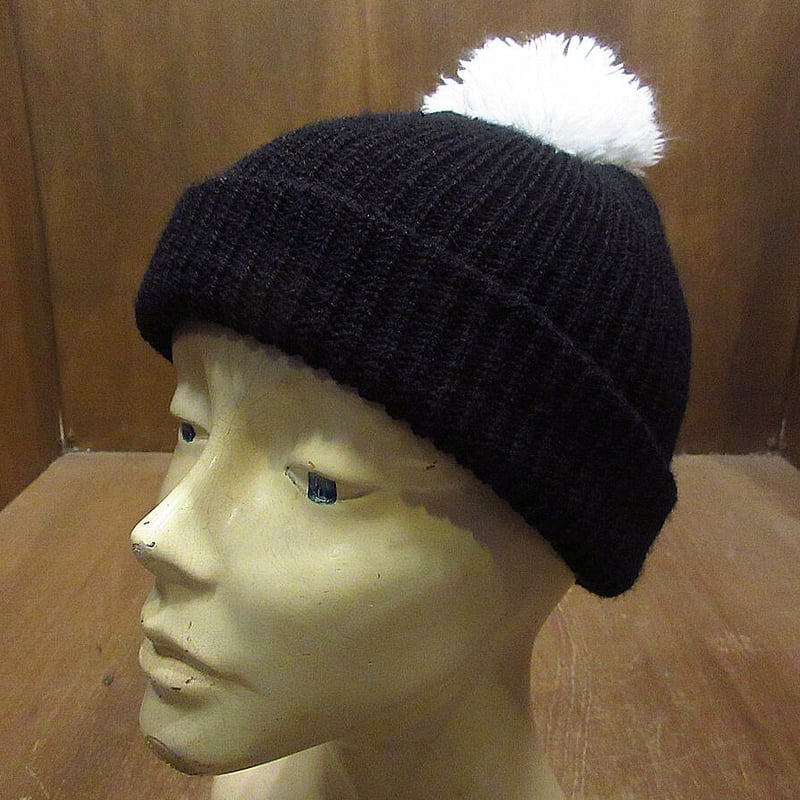 ビンテージ70's80's○DEADSTOCKボンボン付き無地ニット帽黒○220222i6-m