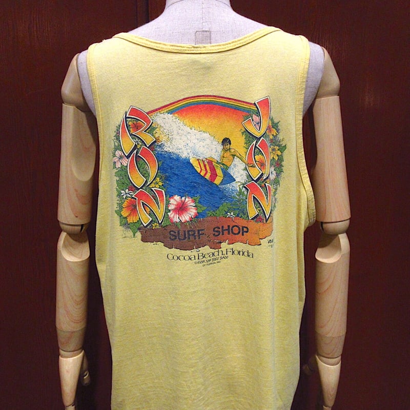 ビンテージ80's○RON JON SURF SHOPプリントコットンタンクトップ黄XL