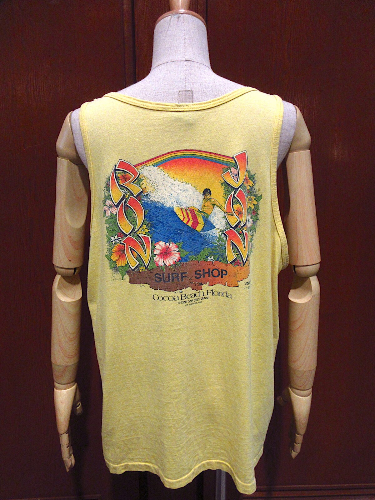 ビンテージ80's○RON JON SURF SHOPプリントコットンタンクトップ黄XL