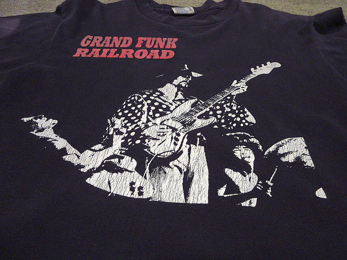 ビンテージ80's○GRAND FUNK RAILROADコットン両面プリントTシャツ黒siz