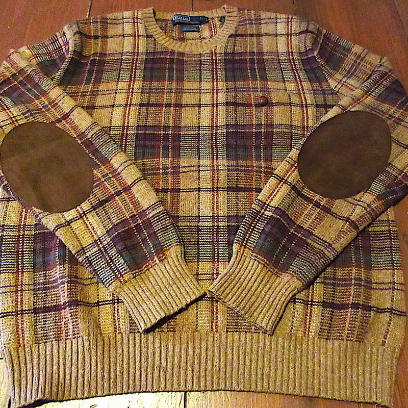 ビンテージ90's○Ralph Laurenエルボーパッチ付きチェック柄カシミヤ