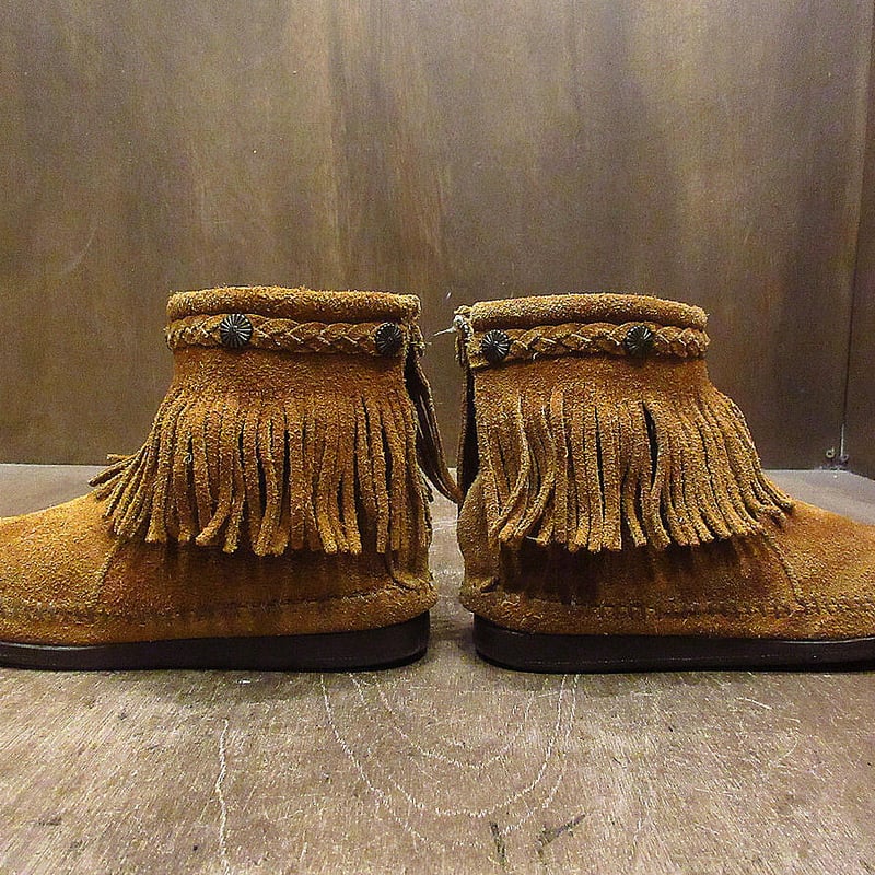 MINNETONKA○レディースフリンジ付きスウェードモカシンブーツ茶