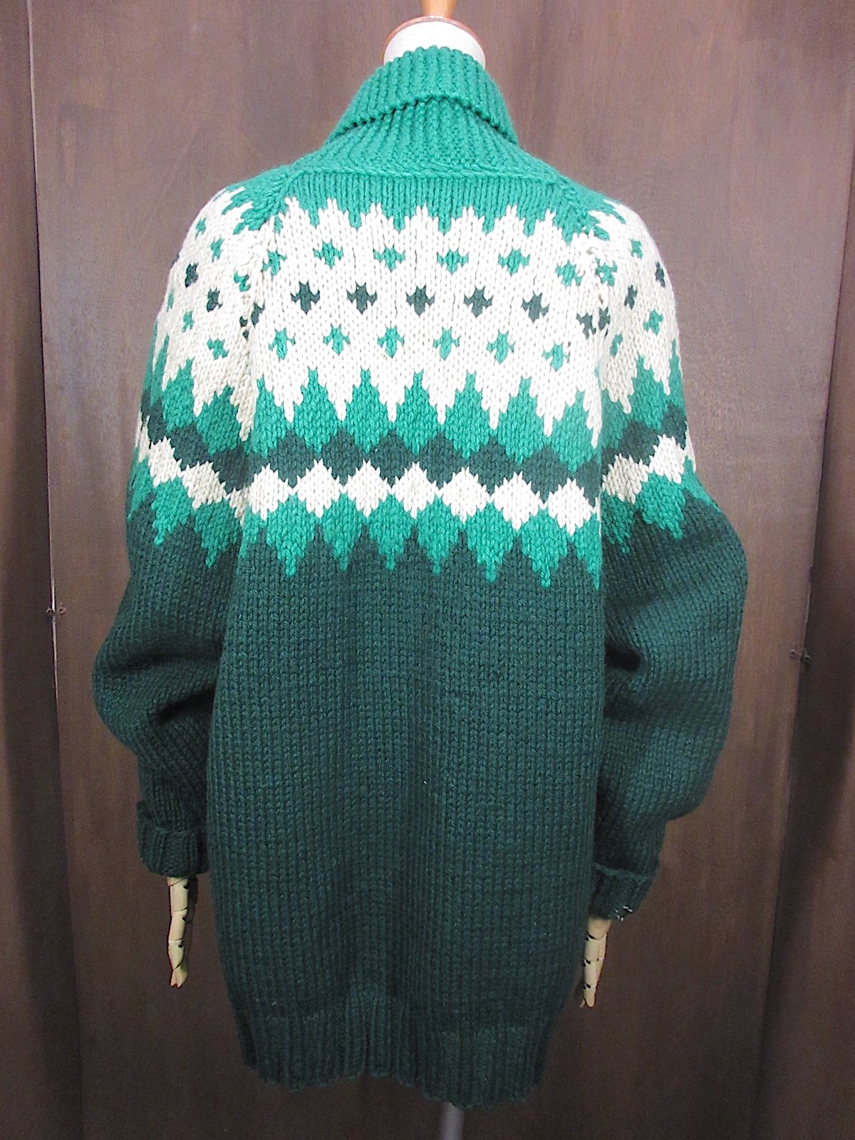 ビンテージ60's○ショールカラーアーガイル柄ウールカウチン緑×白