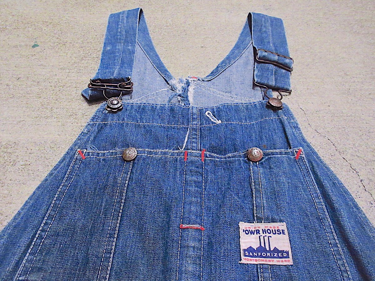 40’s-50’s POWR HOUSE デニムオーバーオール 襤褸 50's POWR HOUSE パワーハウス デニム オーバーオール 工場タグ 濃紺 パンツ