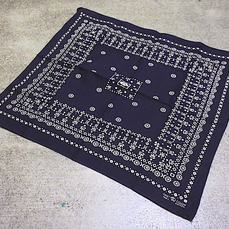 ビンテージ50's60's○FAST COLOR上鼻象マークコットンバンダナ紺