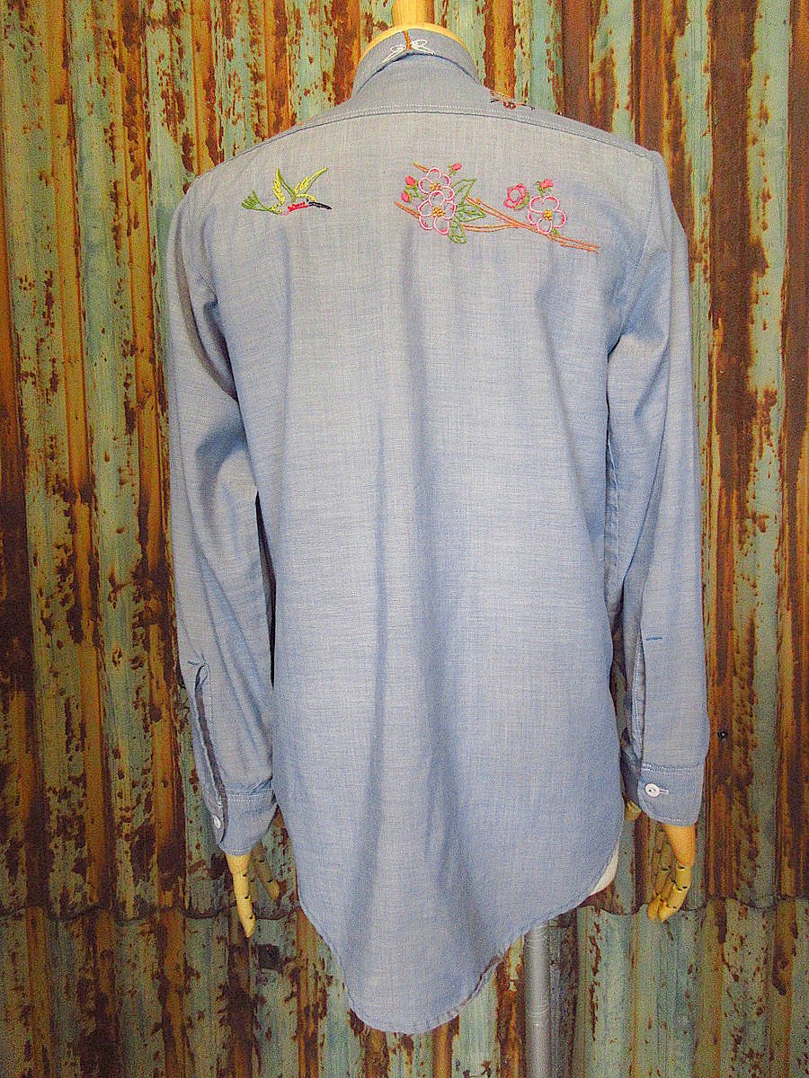 ビンテージ70's○BIG MAC刺繍入りシャンブレーシャツ○240407j4-m-lssh-