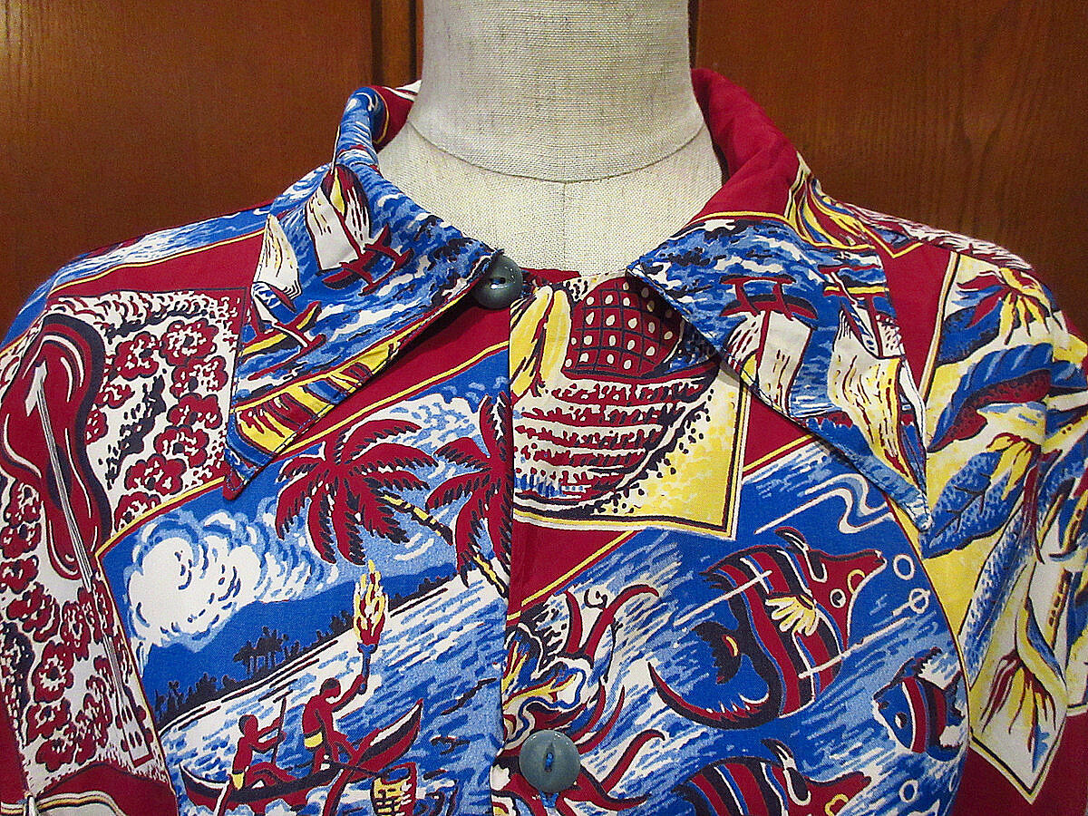 ビンテージ50's○レーヨン長袖ループカラーハワイアンシャツ