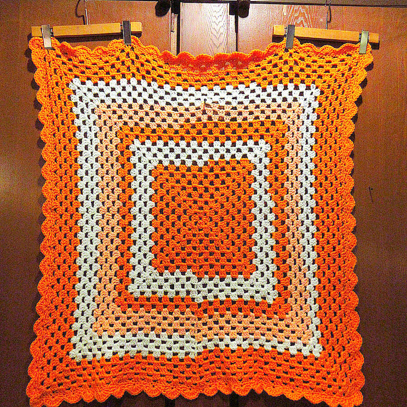 ビンテージ○かぎ針編みブランケットsize約95cm×約90cm○221123k1-blk