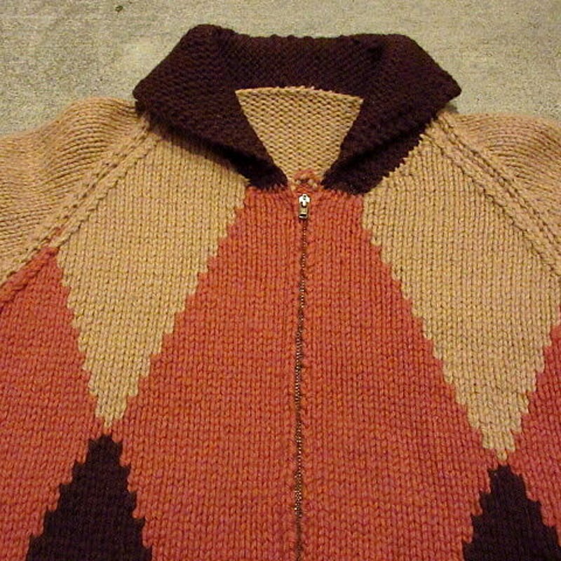 ビンテージ60's○ダイヤ柄ショールカラーカウチンセーター○201009s3-m