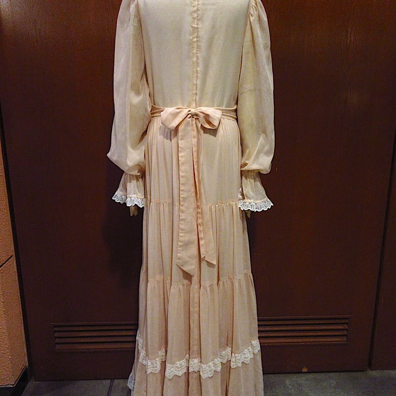 ビンテージ70's○フリルレーススタンドカラー長袖ワンピース薄ピンク