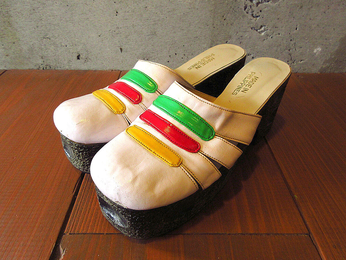 ビンテージ70’s●MADE IN PHILIPPINESエナメルラスタカラー厚底サンダル実寸23.5cm●230624k8-w-sdl-235cm  1970sフィリピン製